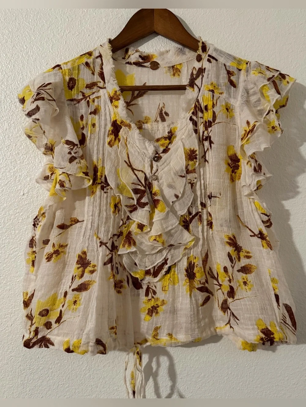 Free People Women's Size Small Blouse Hand Printed Top Ivory Yellow Combo